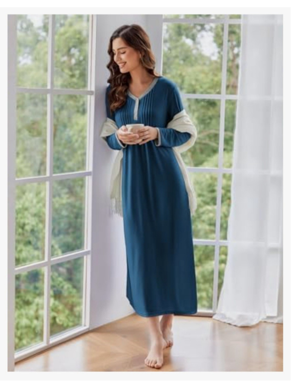 Ekouaer Womens XL Teal Blue Gray Long Sleeve Henley Nightgown Pleated Sleepwear